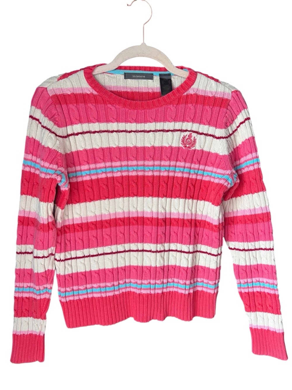 Liz Claiborne Small P Y2K Preppy Collegiate Cable Knit Stripe Sweater Pink
